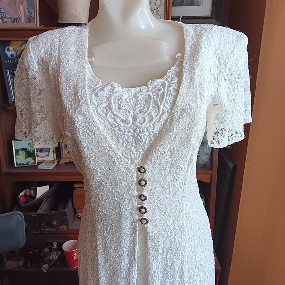 sz 8 Vintage Dawn Joy Ivory Lace Maxi Dress W/ Button Front/Corset Back 2 Piece - Picture 4 of 11